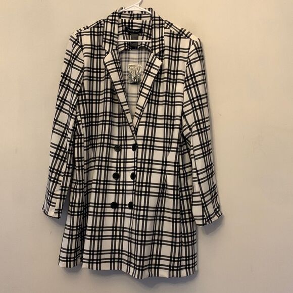 Ashley Stewart black white checked long jacket Size 18/20 New - Picture 1 of 8